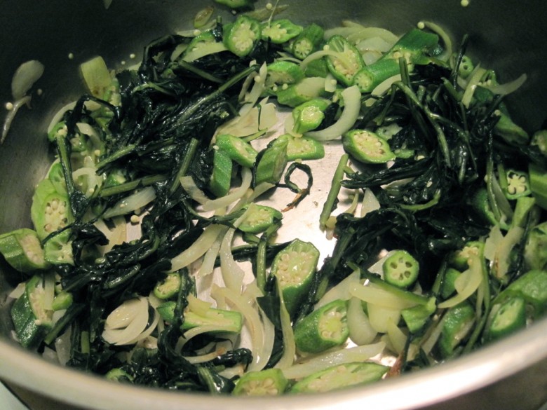saute the okra, onion and dandelion greens in olive oil