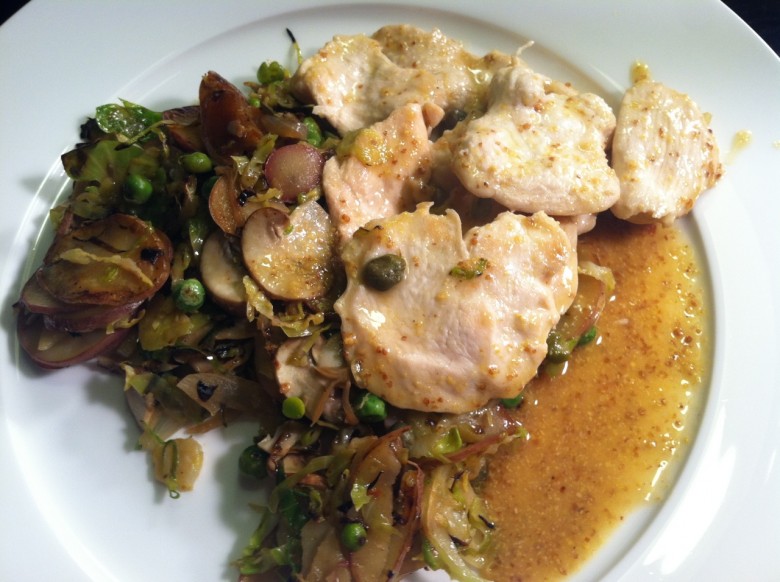 mustard pino chicken with brussel sprout hash