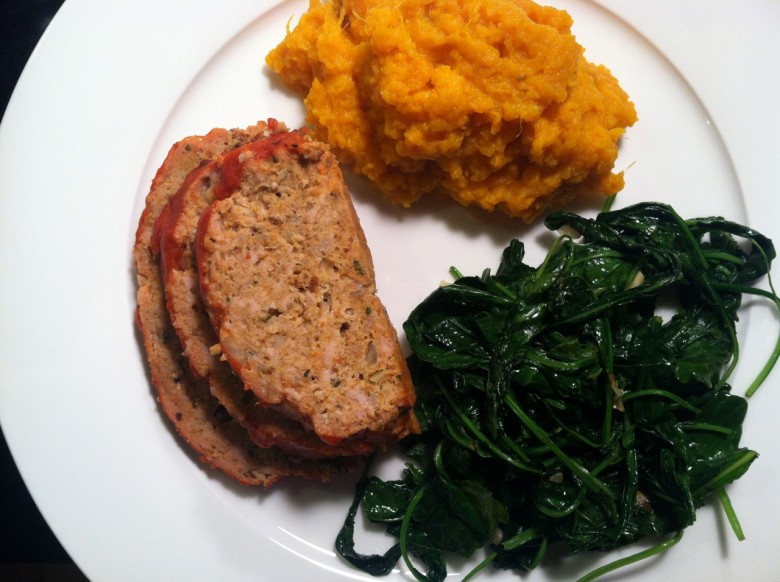 turkey meatloaf with baby kale and smashed sweet potatoes