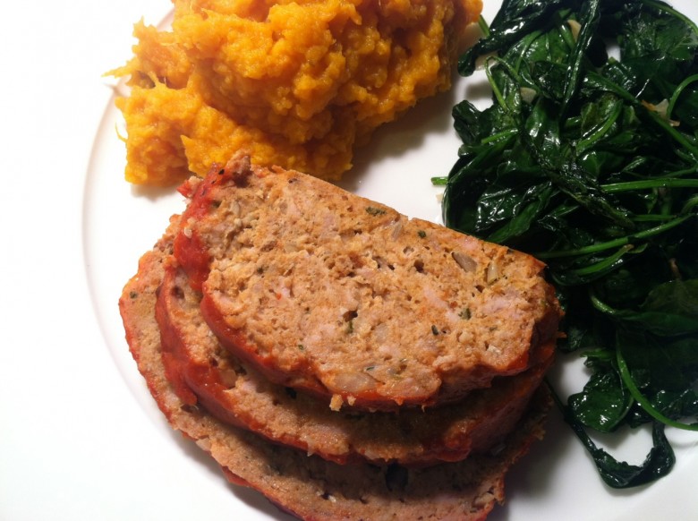 healthy turkey meatloaf with baby kale and smashed sweet potatoes