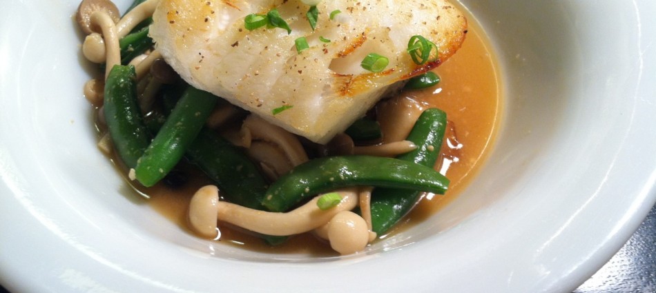 chilean sea bass with sugar snaps, beech mushrooms in a red miso ginger broth