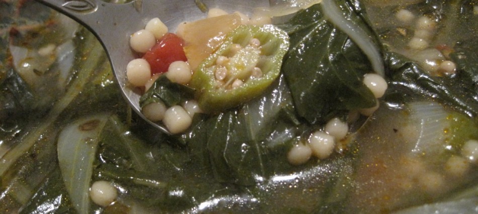 dandelion green and okra soup with pastina