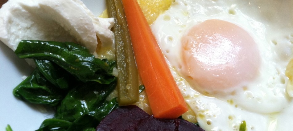country brunch polenta bowl with egg beets spinach and fresh mozzarella