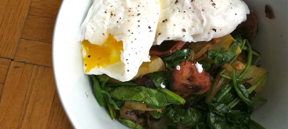 poached eggs with apple sausage hash