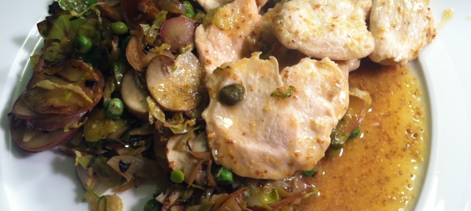 mustard pino chicken with brussel sprout hash